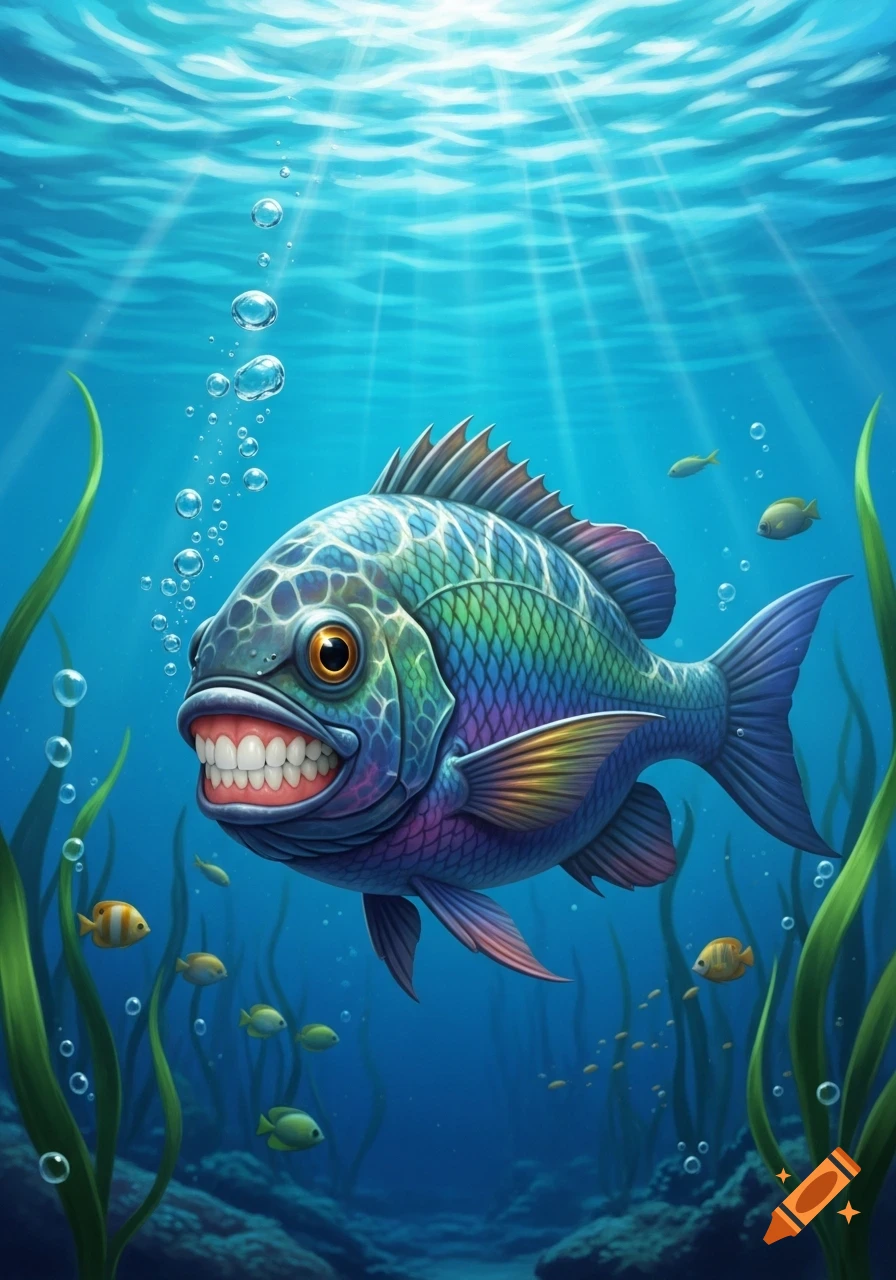 A colorful, cartoon-style fish with prominent human teeth smiles while ...