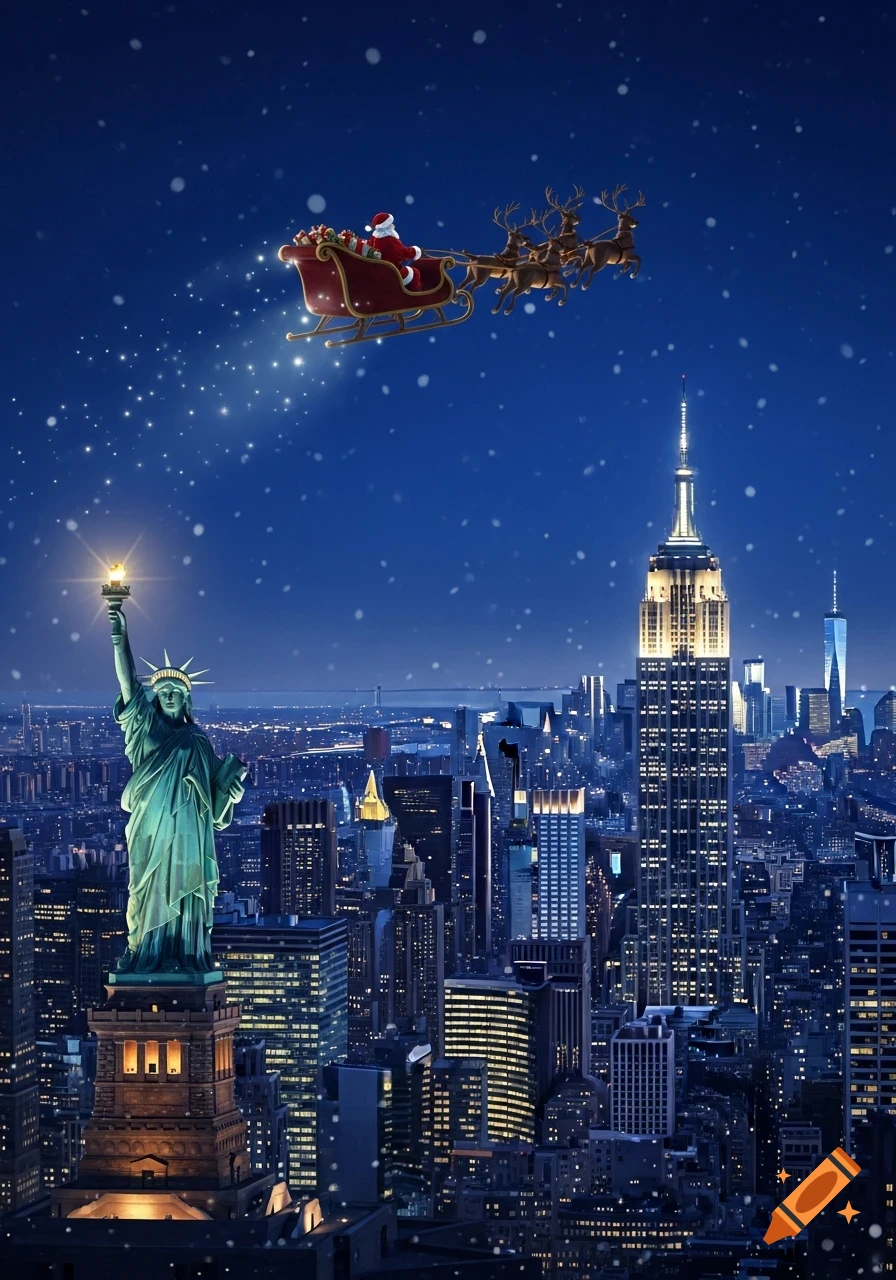 Santa flying in a sleigh over a snowy New York City skyline at night, with the Statue of Liberty and Empire State Building illuminated.