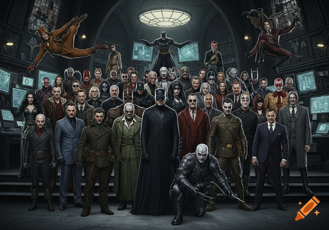A large group of Batman villains and Batman gathered in a dark, gothic Batcave-like interior with computer screens, in a detailed comic book art style.