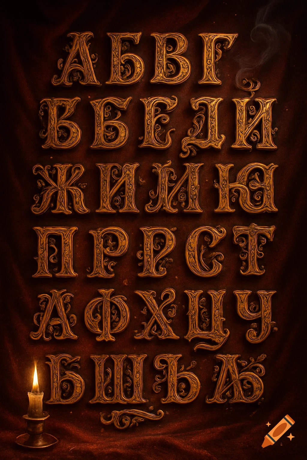 Ornate golden Cyrillic alphabet letters arranged in rows on a dark red textured background, with a lit candle in the lower left.