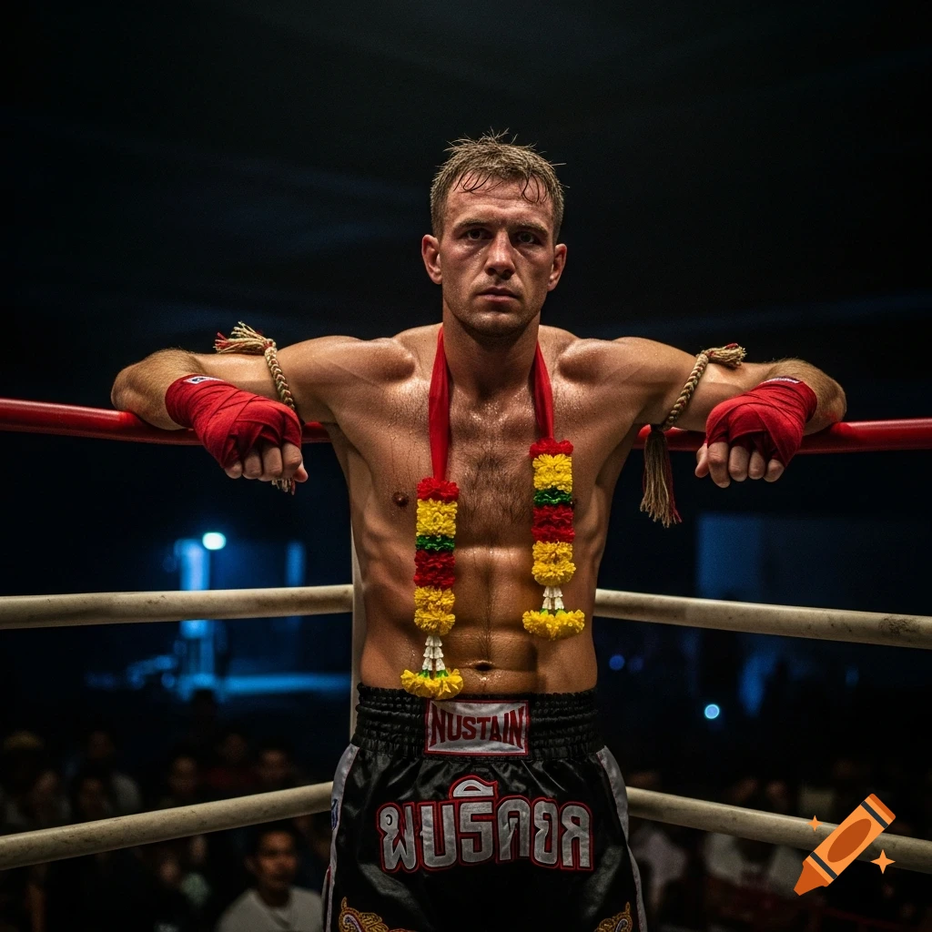 A shirtless Muay Thai fighter with red hand wraps and flower garlands leans on boxing ring ropes, looking intensely.