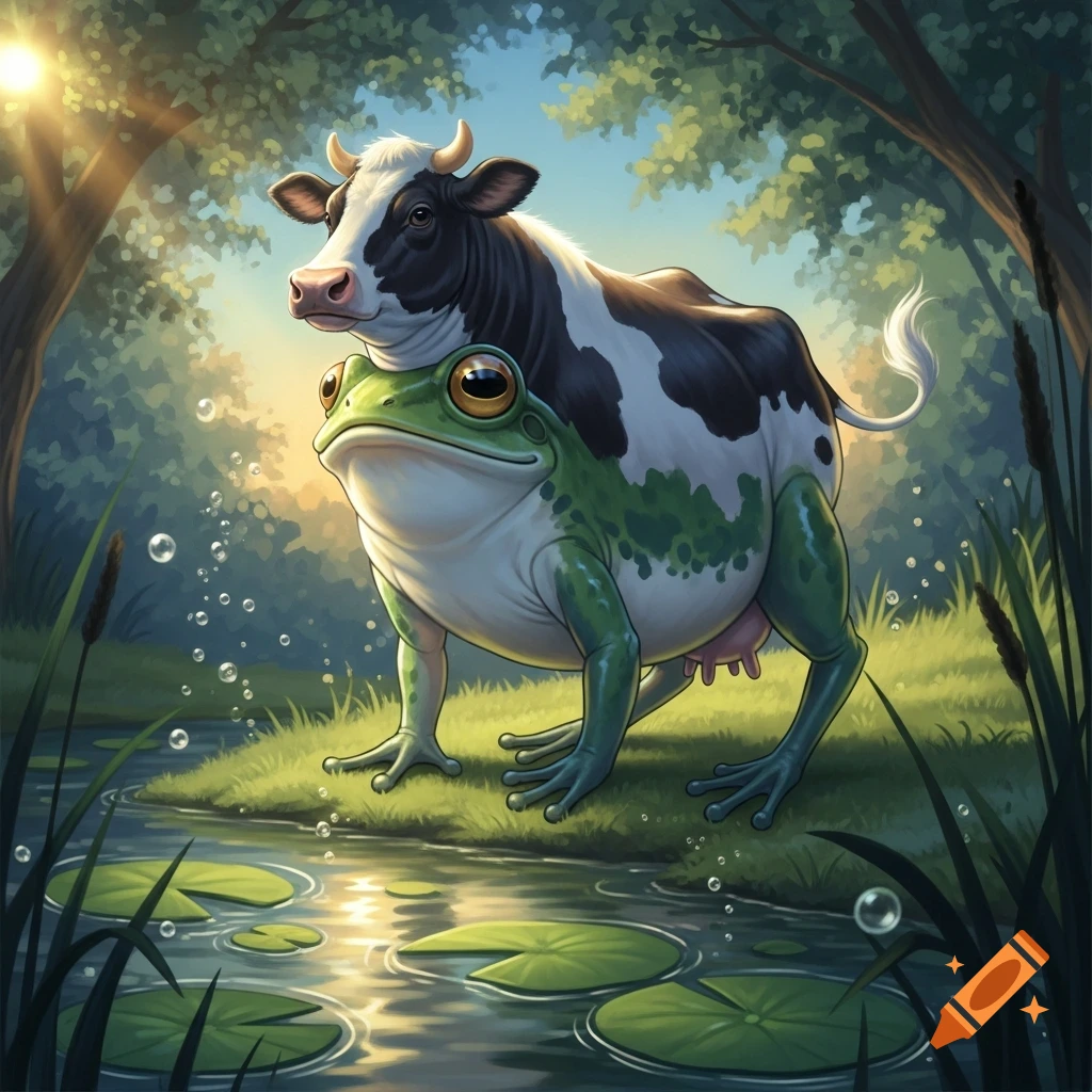 A whimsical black and white cow head atop a green frog body, standing by a sunny pond with lily pads in a lush forest.