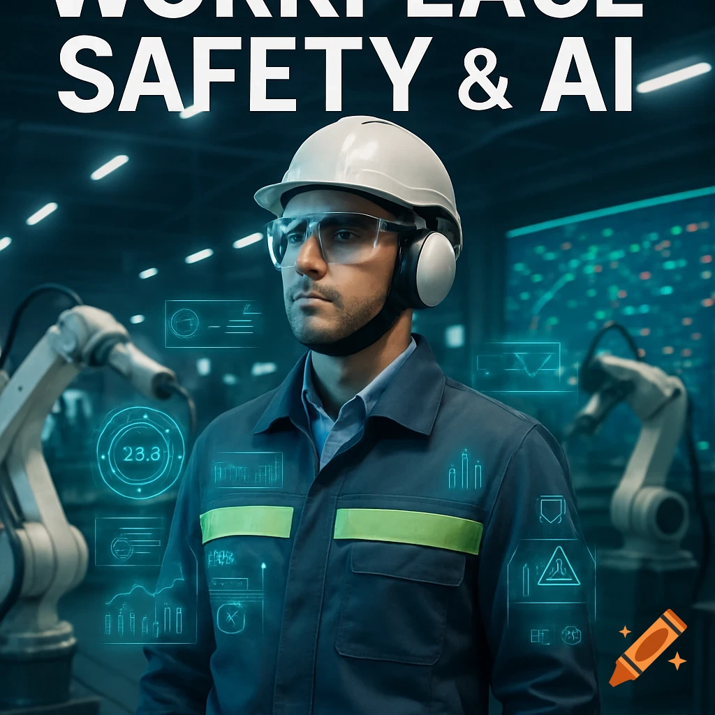 Man in hard hat and safety glasses in an industrial setting with robots and data overlays. Text: WORKPLACE SAFETY & AI. Photorealistic style.