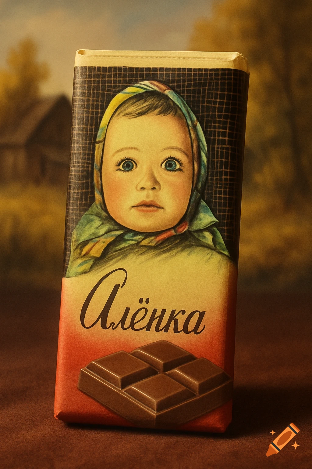 A close-up of a Russian Alenka chocolate bar with its iconic wrapper featuring a child's face and Cyrillic text.