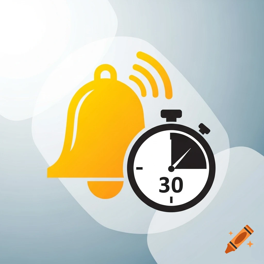 A yellow ringing bell icon next to a black and white stopwatch icon displaying the number 30.