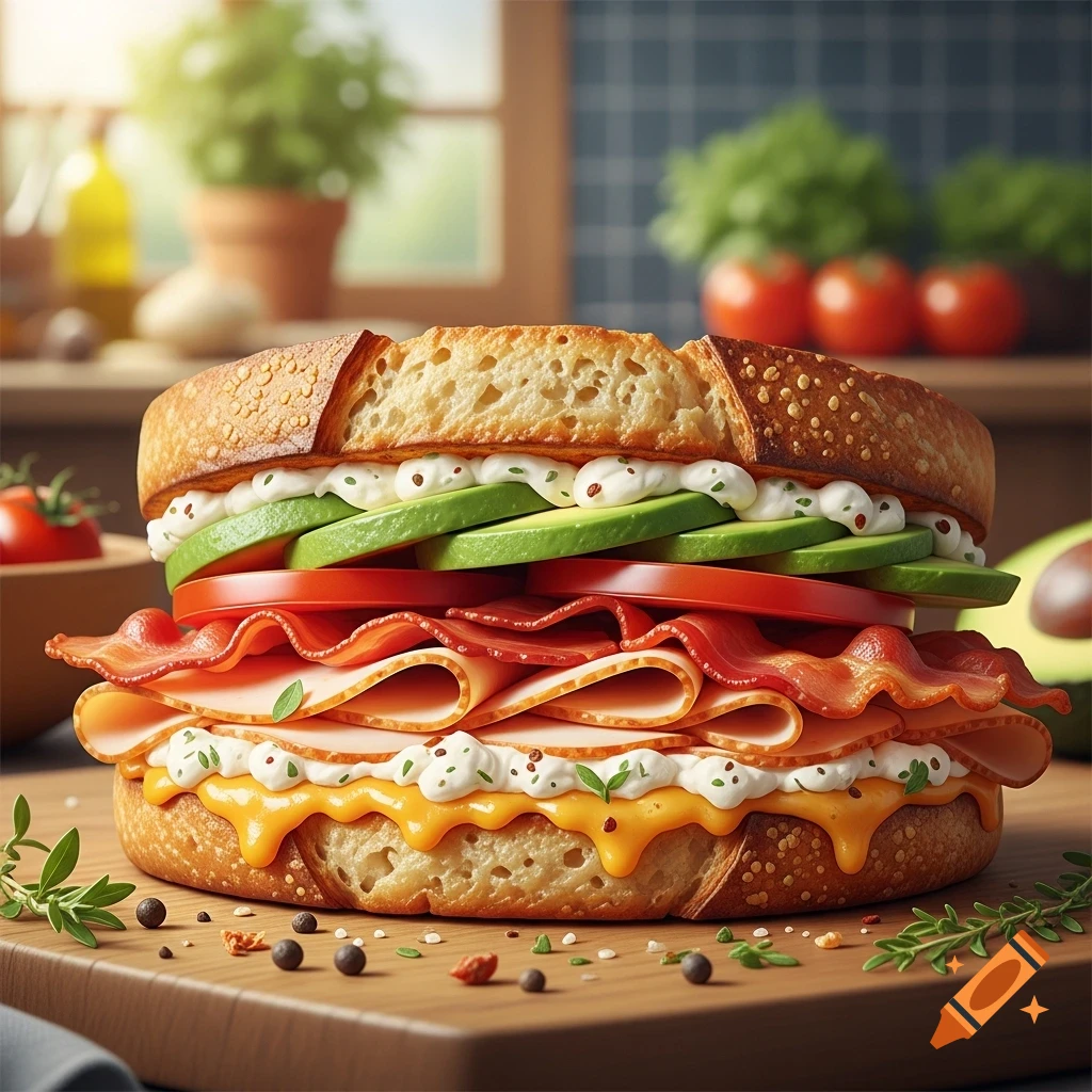 Appetizing photorealistic toasted sourdough sandwich with turkey, bacon, avocado, tomato, and creamy sauces on a wooden board.