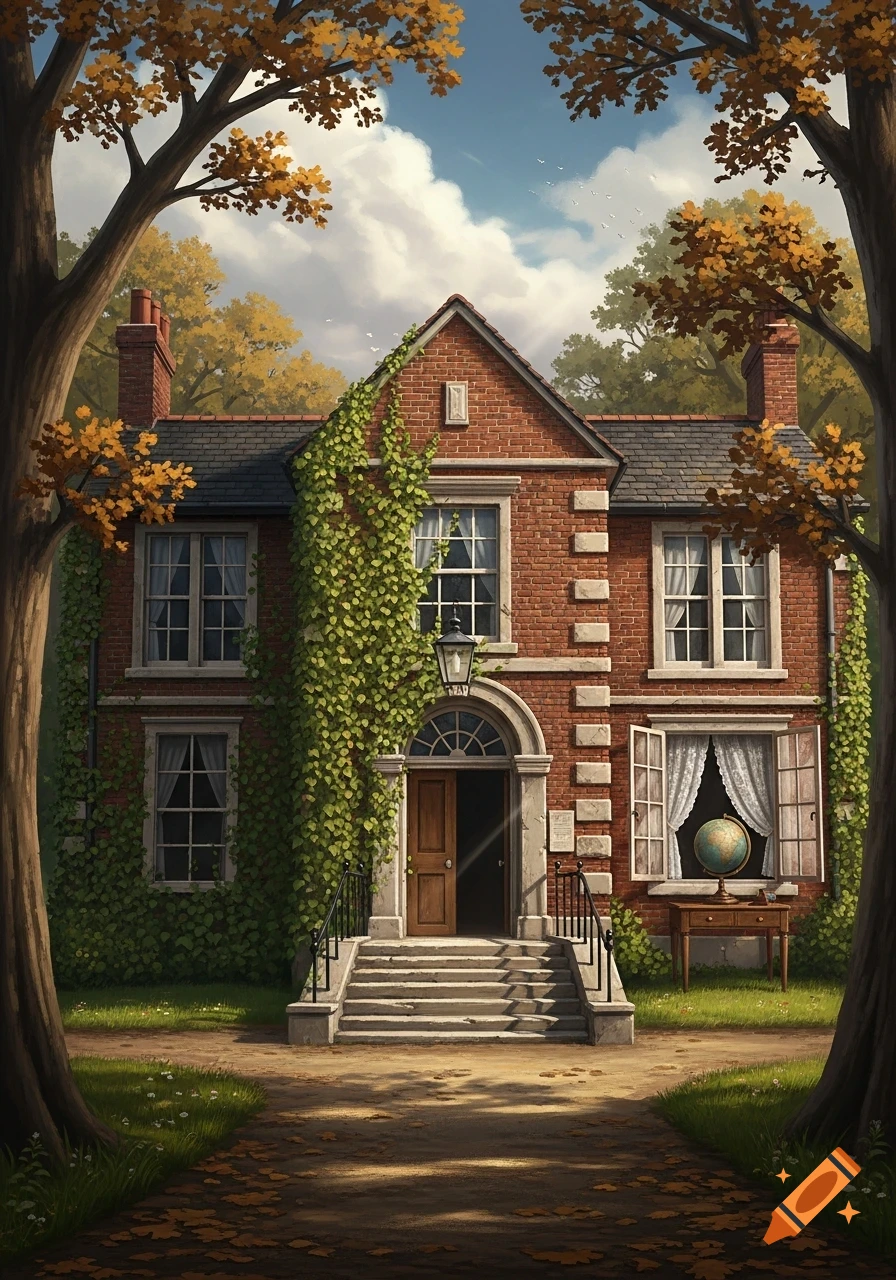 A charming brick house covered in ivy, framed by autumn trees, under a cloudy sky in a detailed illustration style.