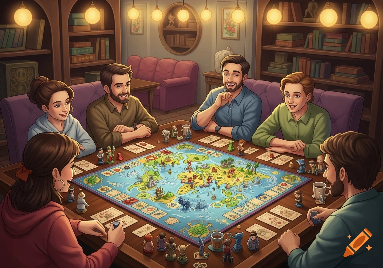 An illustration of six smiling people gathered around a large wooden table, playing a colorful world map-themed board game in a cozy, lamp-lit room with bookshelves.