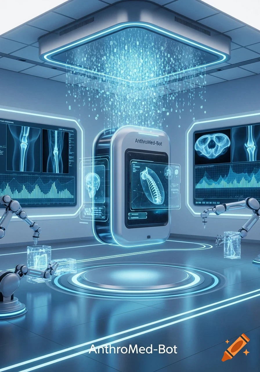 A futuristic AI medical lab with glowing blue light, a central device showing a 3D spine hologram, and screens displaying bone scans and data.