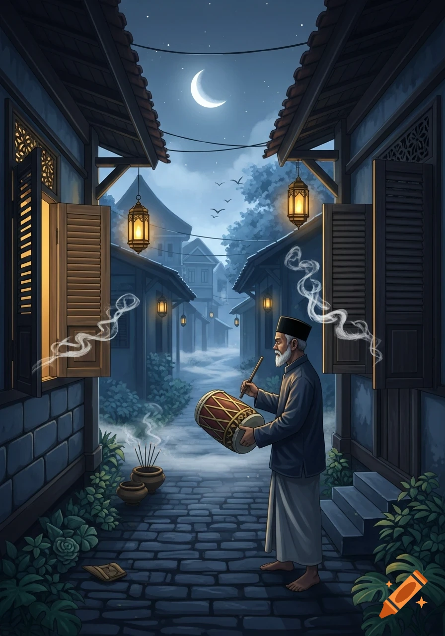 An old man with a drum on a cobblestone street at night, illuminated by lanterns under a crescent moon, in an illustration style.
