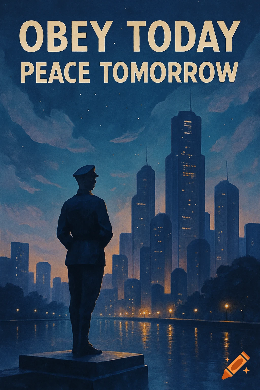 A vintage-style propaganda poster with "OBEY TODAY PEACE TOMORROW" text above a silhouetted figure in uniform looking at a glowing city skyline at dusk.