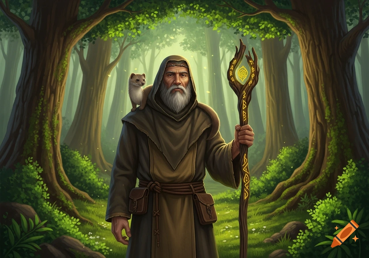A fantasy illustration of a bearded hermit in a brown robe holding a ...