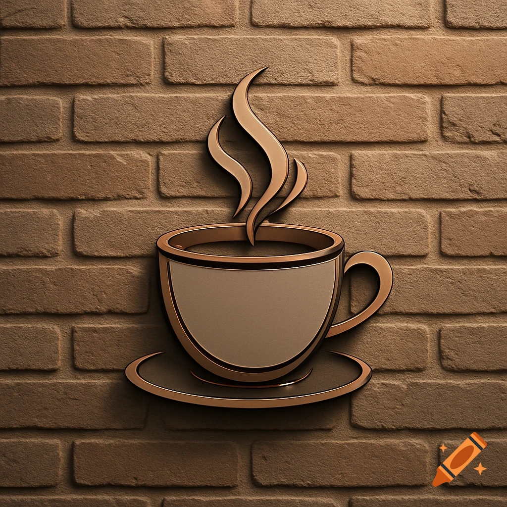 Stylized bronze coffee cup logo with steam on a textured brick wall.