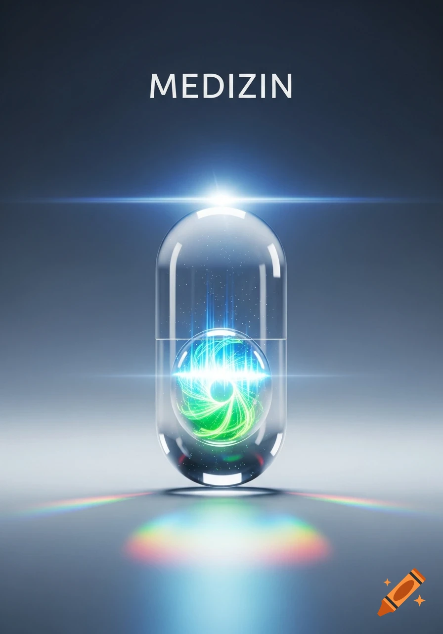 A clear capsule with a glowing green and blue energy sphere inside, and the word MEDIZIN above.