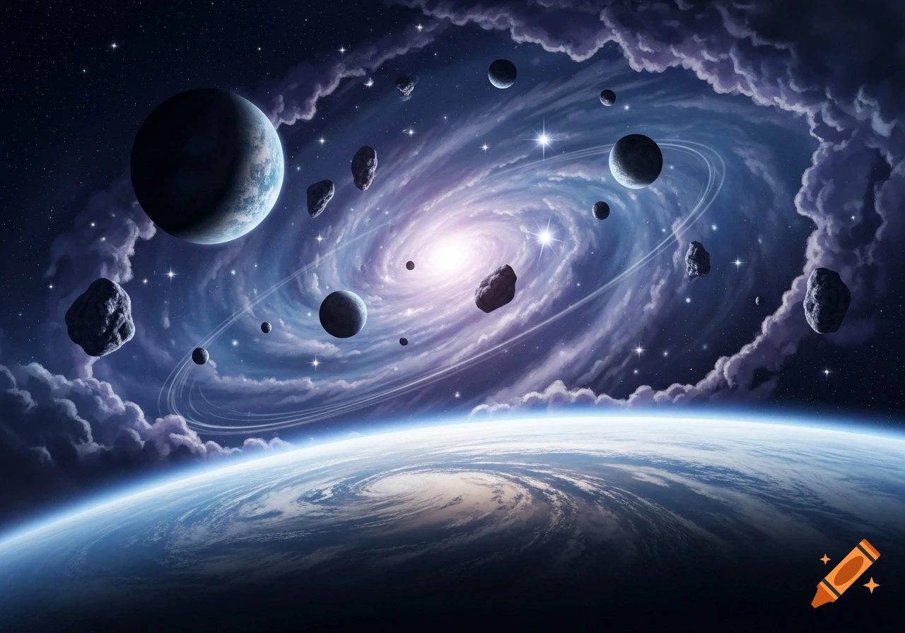 A detailed cosmic scene showing a large planet in the foreground, with smaller planets, asteroids, and a bright spiral galaxy.