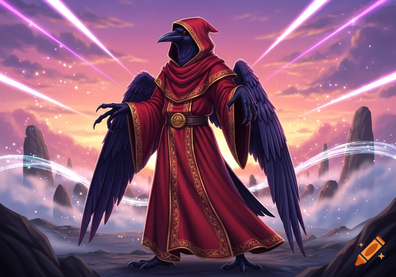 An anthropomorphic crow sorcerer in a red hooded robe with black wings stands under a vibrant magical sky.