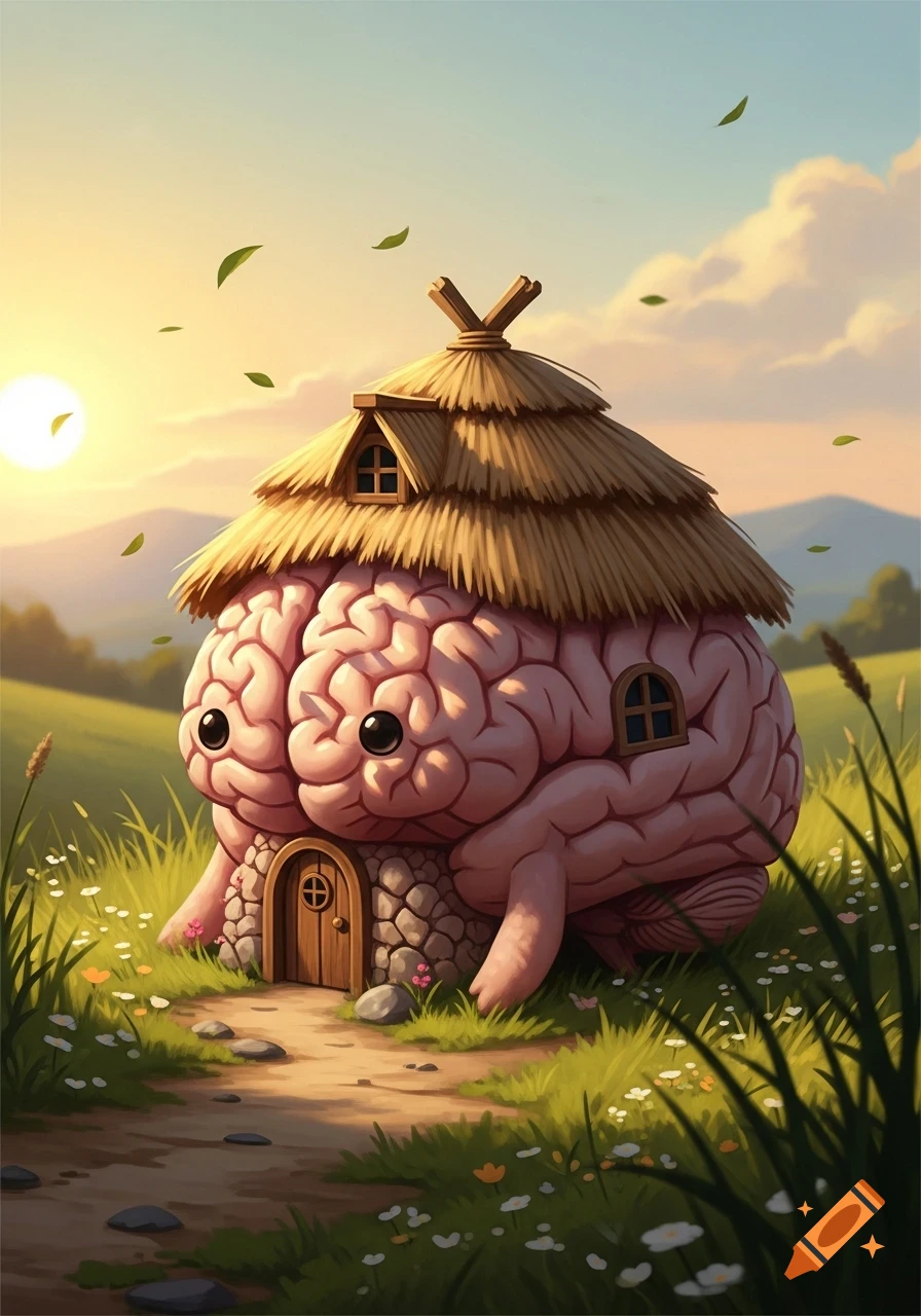A whimsical, cartoonish brain-shaped creature house with a thatched roof, standing in a grassy field at sunset with a winding path.