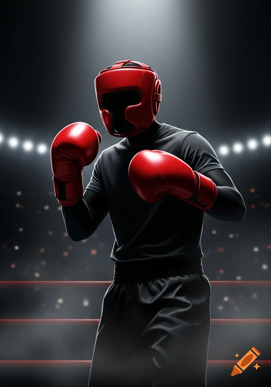 A person in a black outfit, red boxing helmet, and red boxing gloves stands in a boxing ring under bright lights.