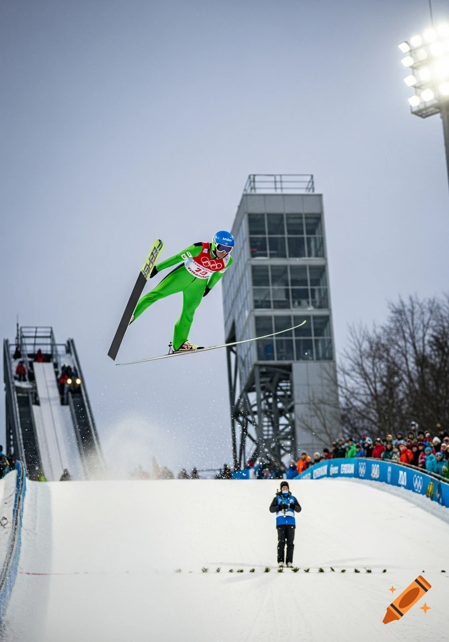 A ski jumper in a green suit and blue helmet is airborne against a light gray sky, with a tall building and ski ramp behind them, during an Olympic event.