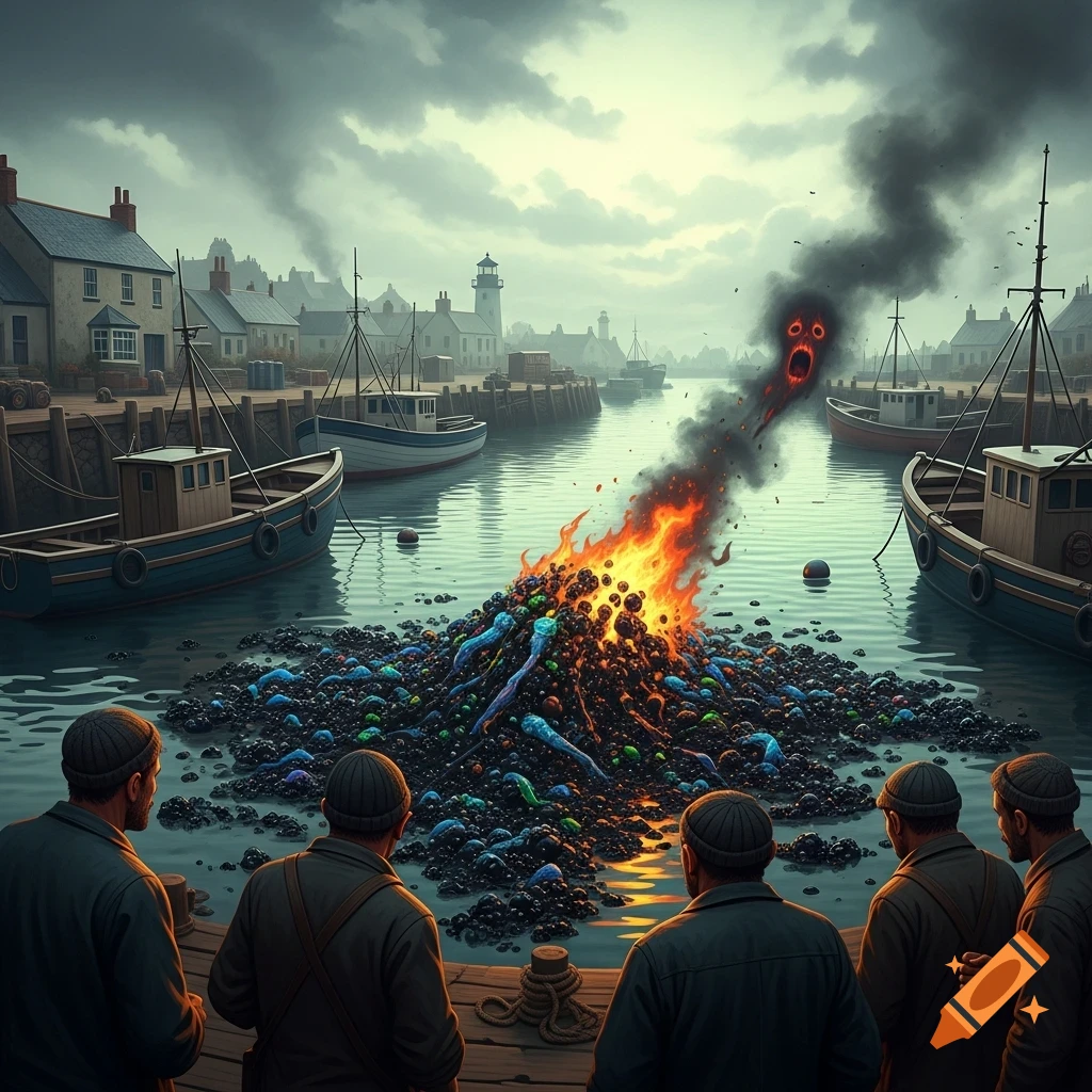 Men watch a large pile of burning, colorful sludge with a screaming fiery face in a gloomy fishing harbor.