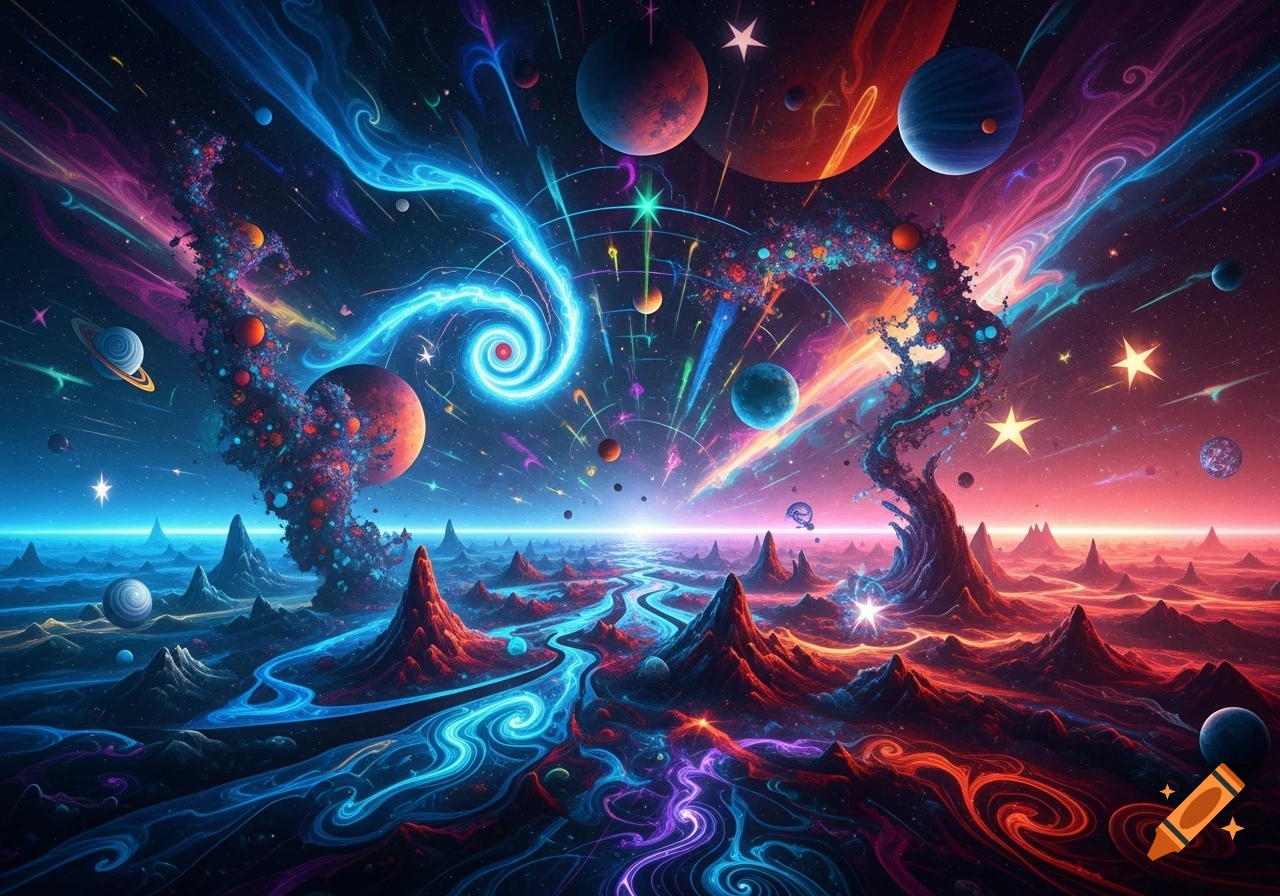 Psychedelic cosmic landscape with glowing blue rivers winding through colorful mountains, planets, and swirling nebulae under a star-filled sky.