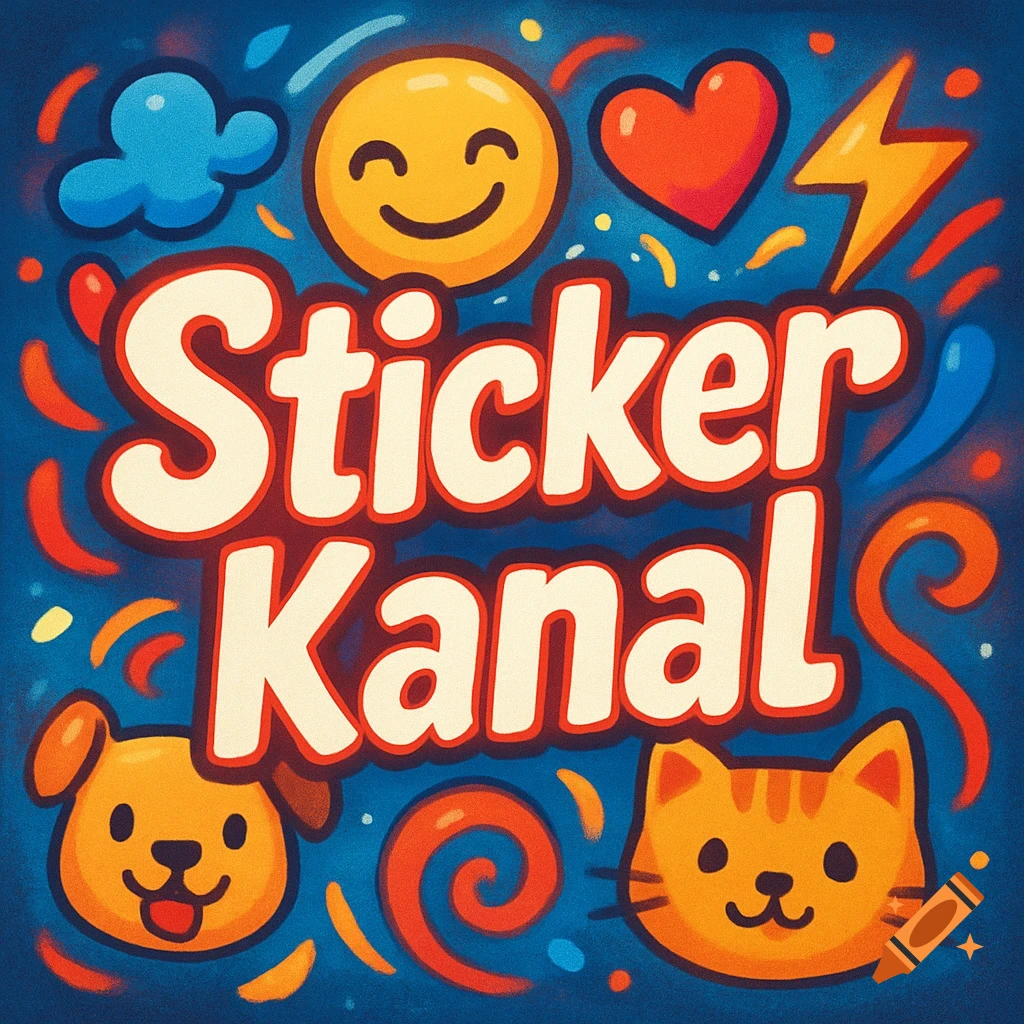A vibrant cartoon profile picture featuring "Sticker Kanal" text, a happy emoji, a red heart, a lightning bolt, a cloud, a dog face, and a cat face on a blue background.