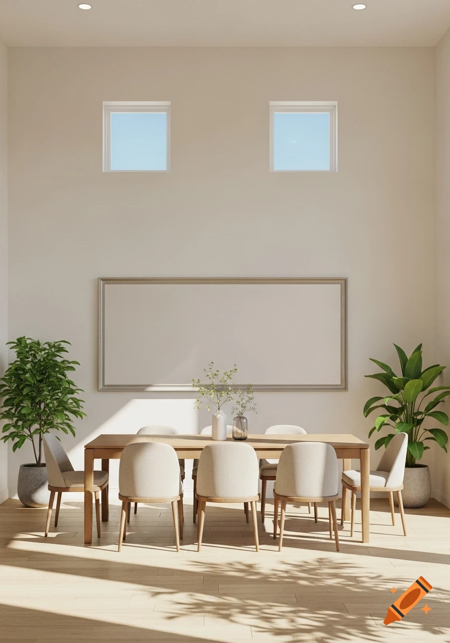 A modern, photorealistic dining room with a wooden table, cream chairs, potted plants, two small windows, and a large empty frame on a light wall, with sunlight on the floor.