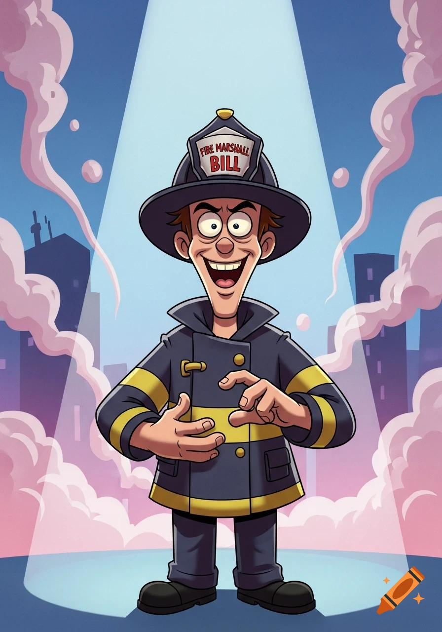 A smiling cartoon man dressed as Fire Marshall Bill stands under a spotlight in a city.