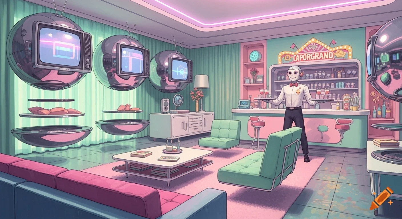 A vibrant retro-futuristic living room in pastel colors with spherical TVs, floating furniture, and a robot waiter in a tie holding trays.