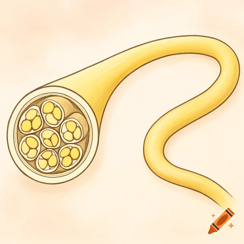 A medical illustration of a peripheral nerve, shown as a yellow bundle of fibers with a cross-section revealing smaller fascicles.