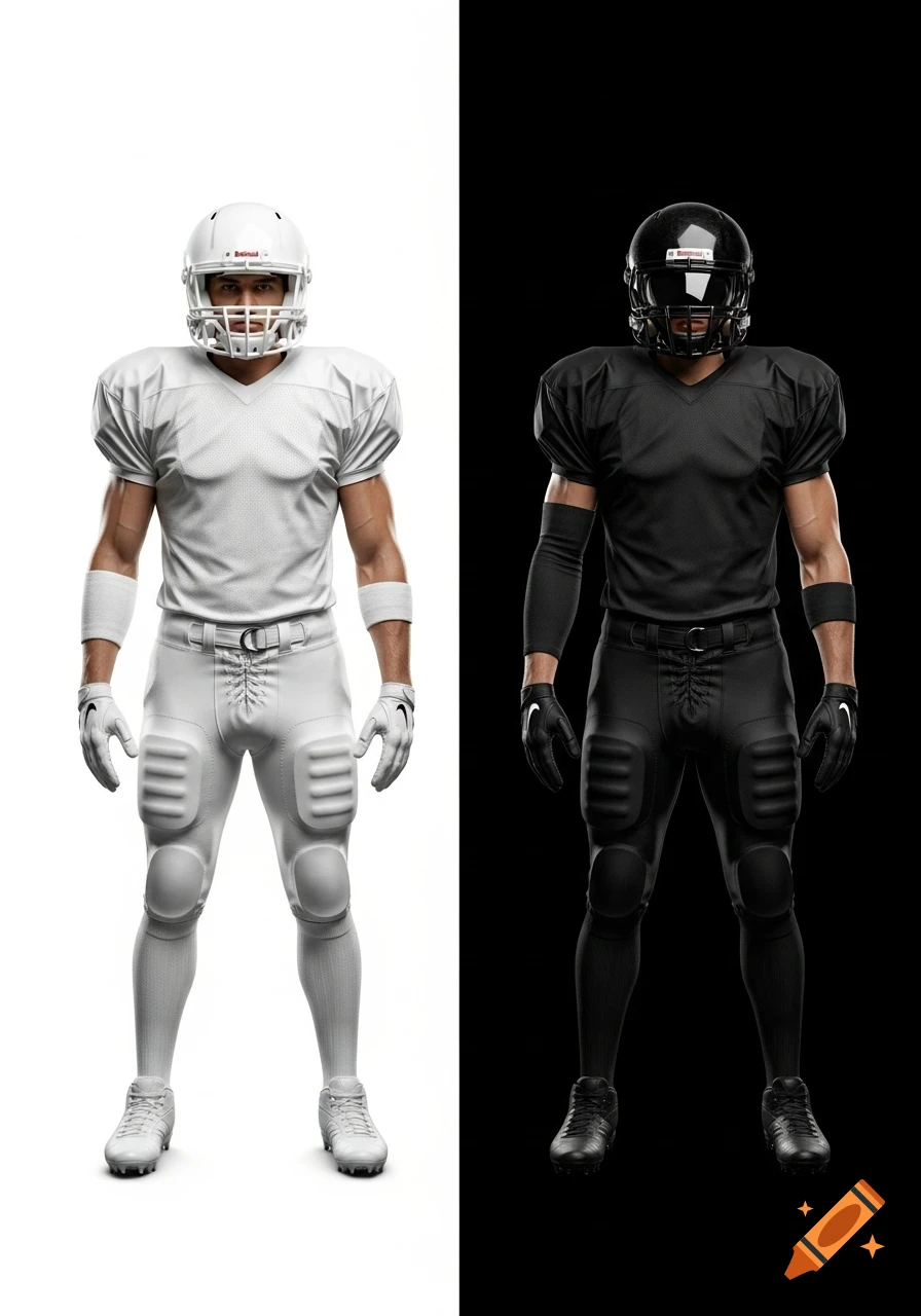 Two photorealistic American football players stand upright, one in a white uniform on a white background, the other in a black uniform on a black background.