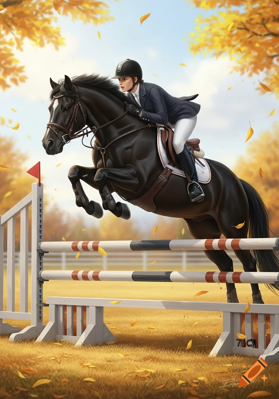 A rider on a black horse leaps over a white jump in a sunny autumn field filled with golden leaves, digital painting.