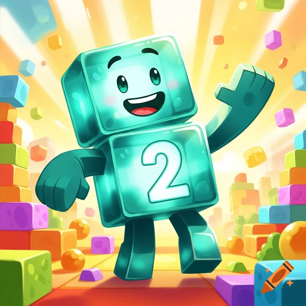 A smiling, translucent teal block character with the number 2 on its body, surrounded by colorful building blocks in a bright, playful cartoon style.