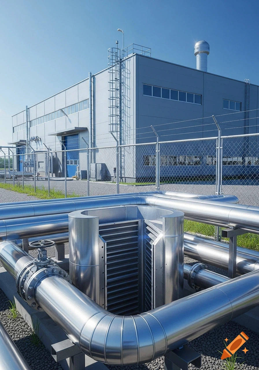 A photorealistic image of a modern industrial building with large silver pipes, a valve, and a fence in the foreground under a clear blue sky.