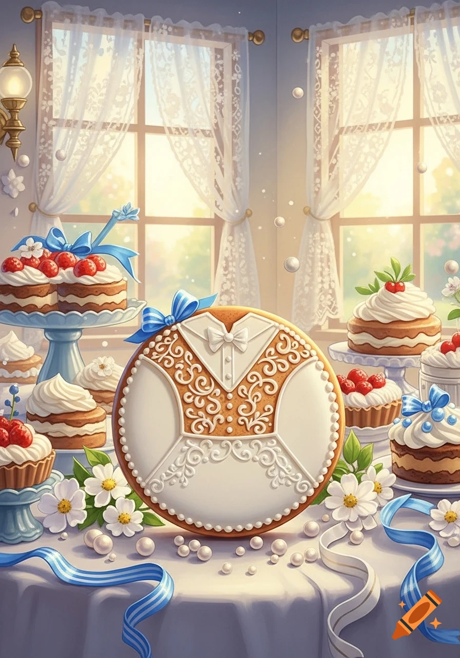 A festive table setting featuring a tuxedo-decorated cookie, cupcakes, and cakes with berries and cream in a bright room.