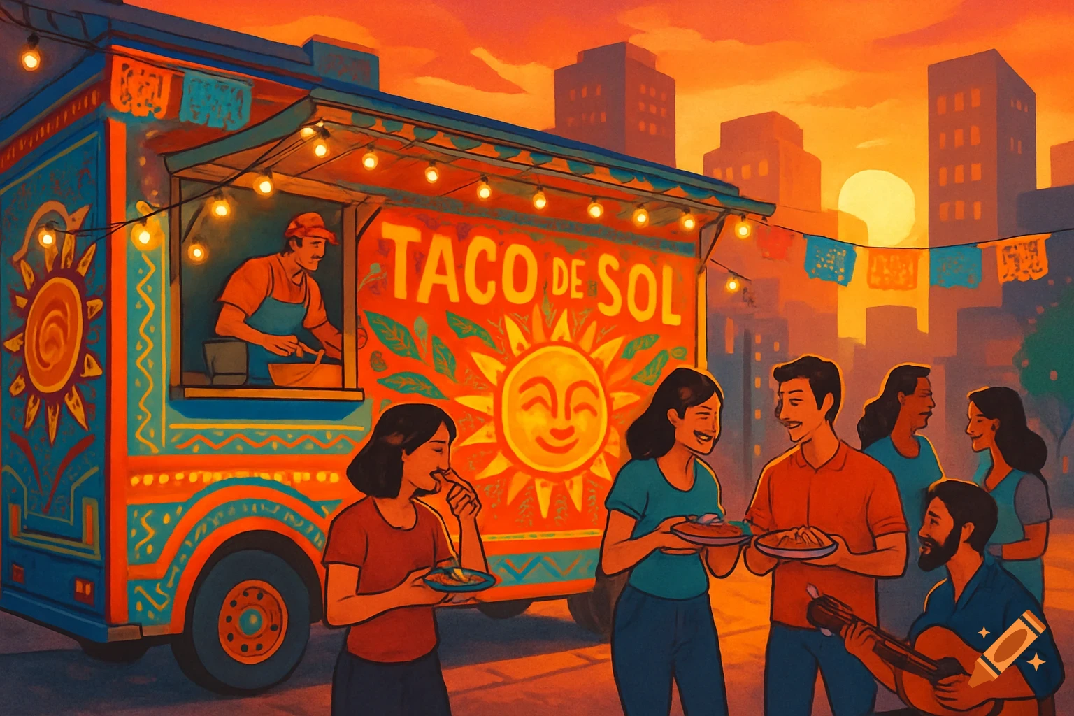 A vibrant, stylized illustration of a 'TACO DE SOL' food truck at sunset with people eating tacos and a man playing guitar.