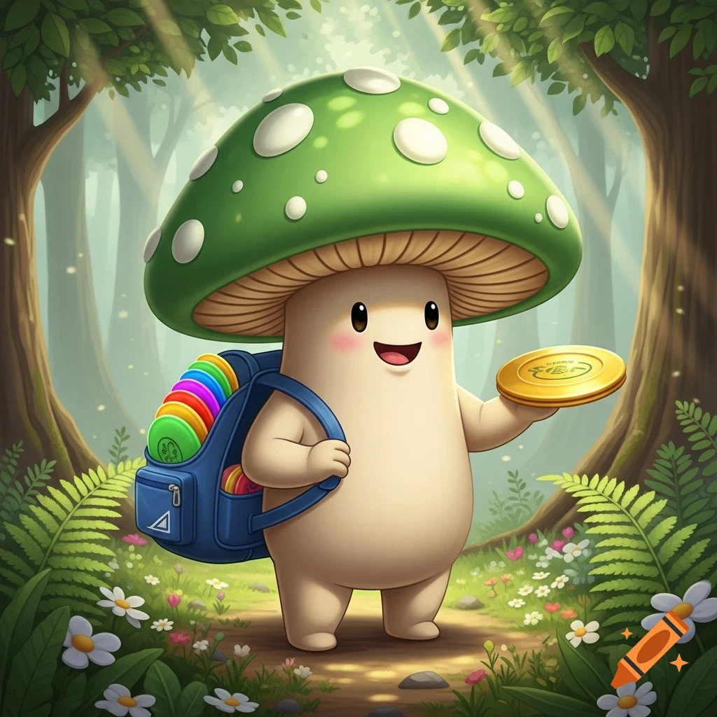 A whimsical mushroom character with a green toadstool cap and blush marks, wearing a blue disc golf backpack filled with colorful discs, holds a gold disc in its right hand while standing in a sun-dappled forest among ferns and wildflowers.