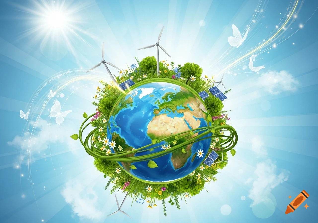 Vibrant illustration of Earth covered in green grass, flowers, trees, wind turbines, and solar panels, with butterflies flying in a sunny blue sky.