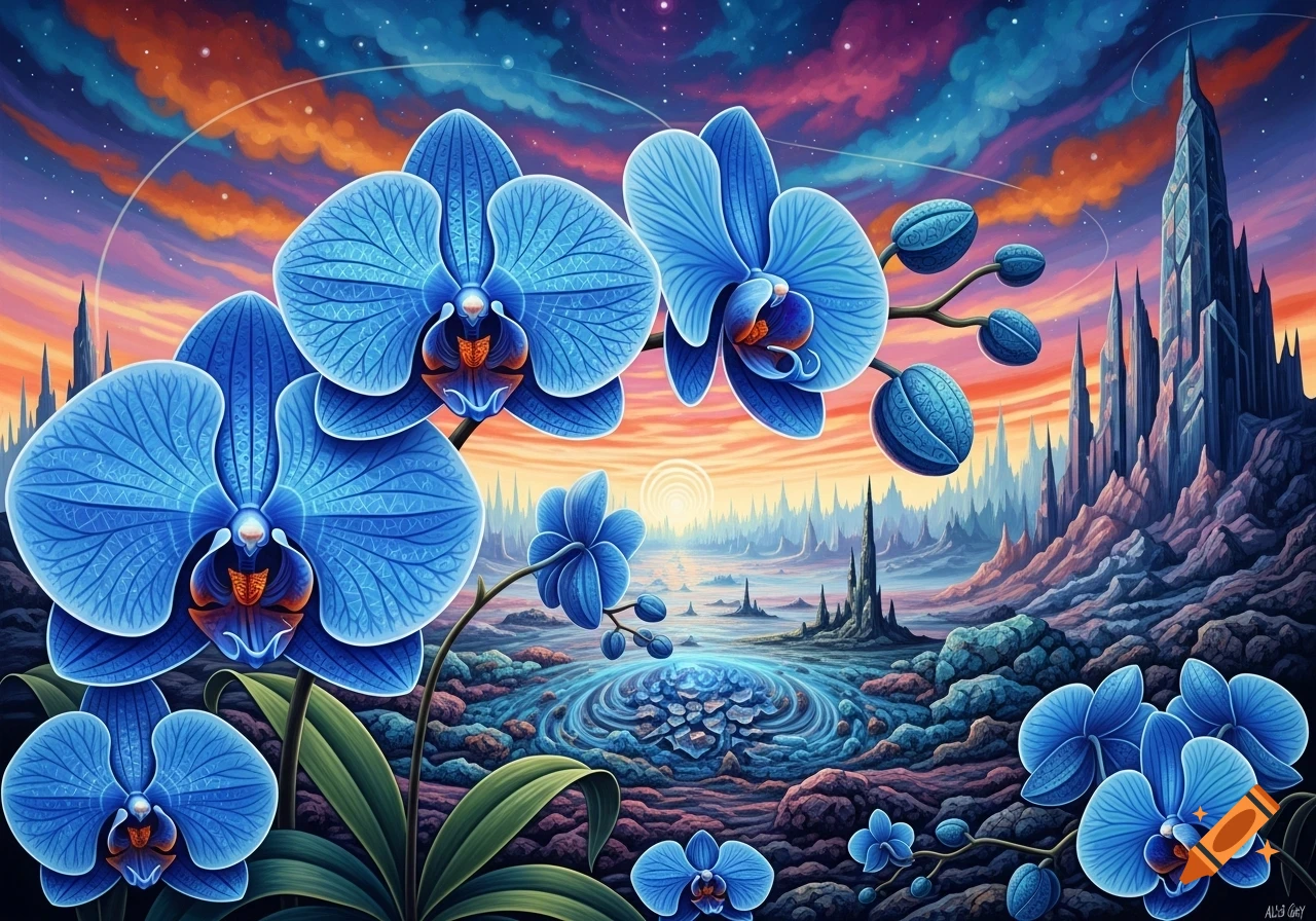 Vibrant blue orchids in an intricate, psychedelic fantasy landscape with towering futuristic city structures and a colorful sky.