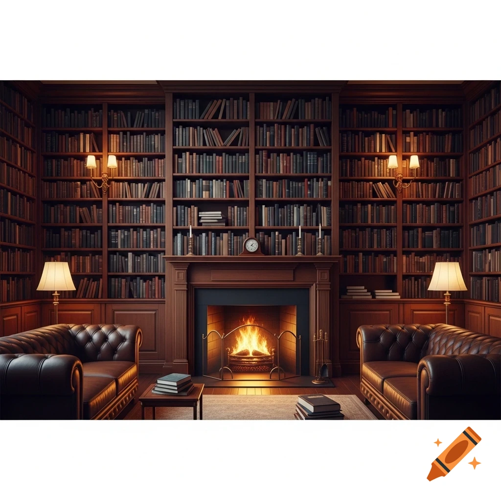 A luxurious library with floor-to-ceiling bookshelves, a crackling fireplace, and two brown leather Chesterfield sofas.