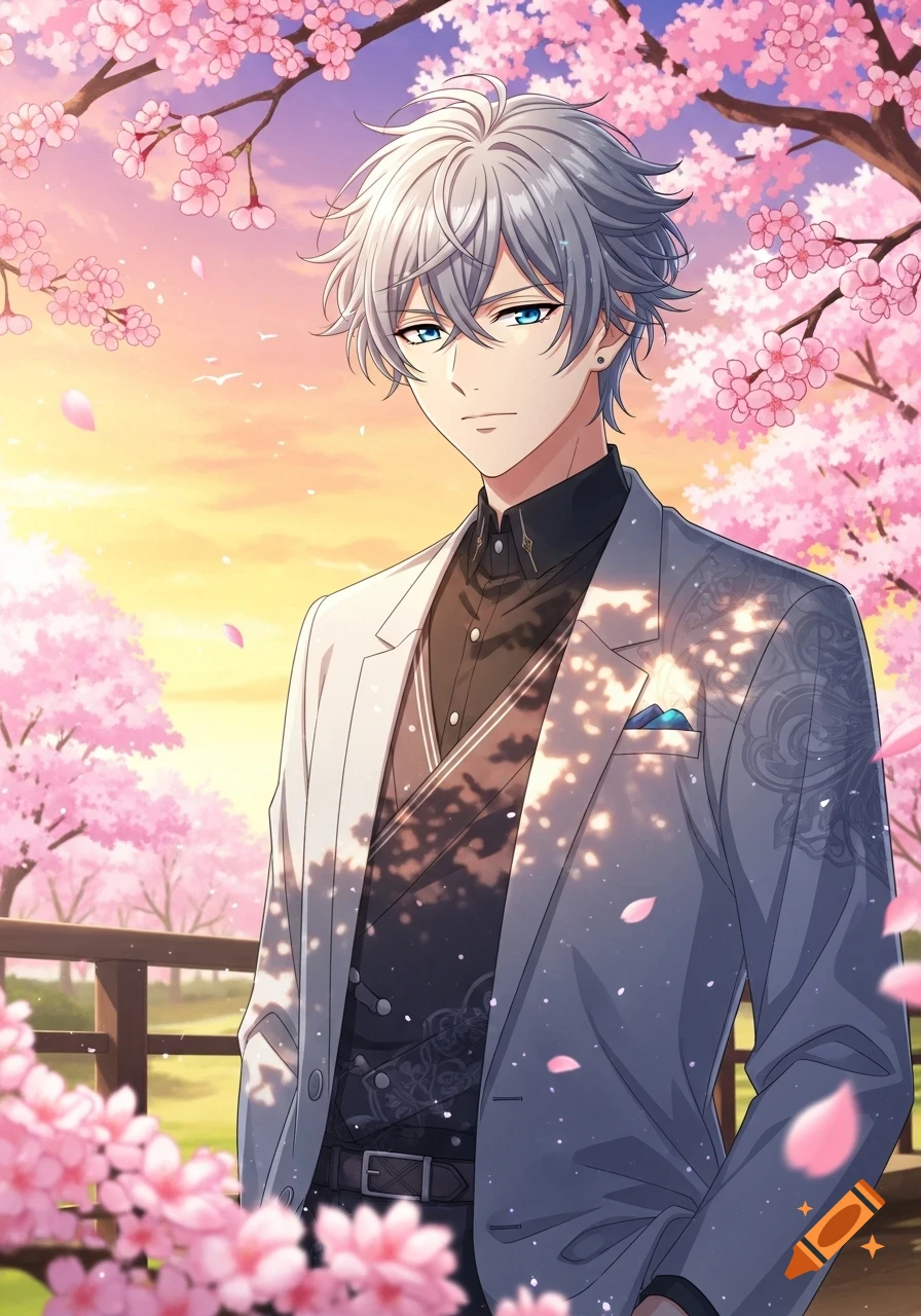 Anime boy with silver hair and blue eyes in a white suit stands under blooming cherry blossom trees at sunset.
