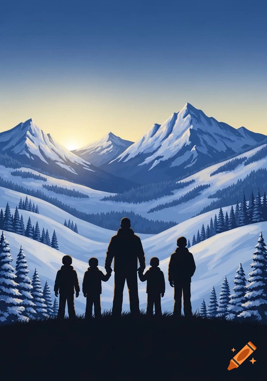 Silhouette of a father and his four sons standing on a ridge, gazing at a sunrise over a vast snowy mountain landscape with pine trees. Illustration.