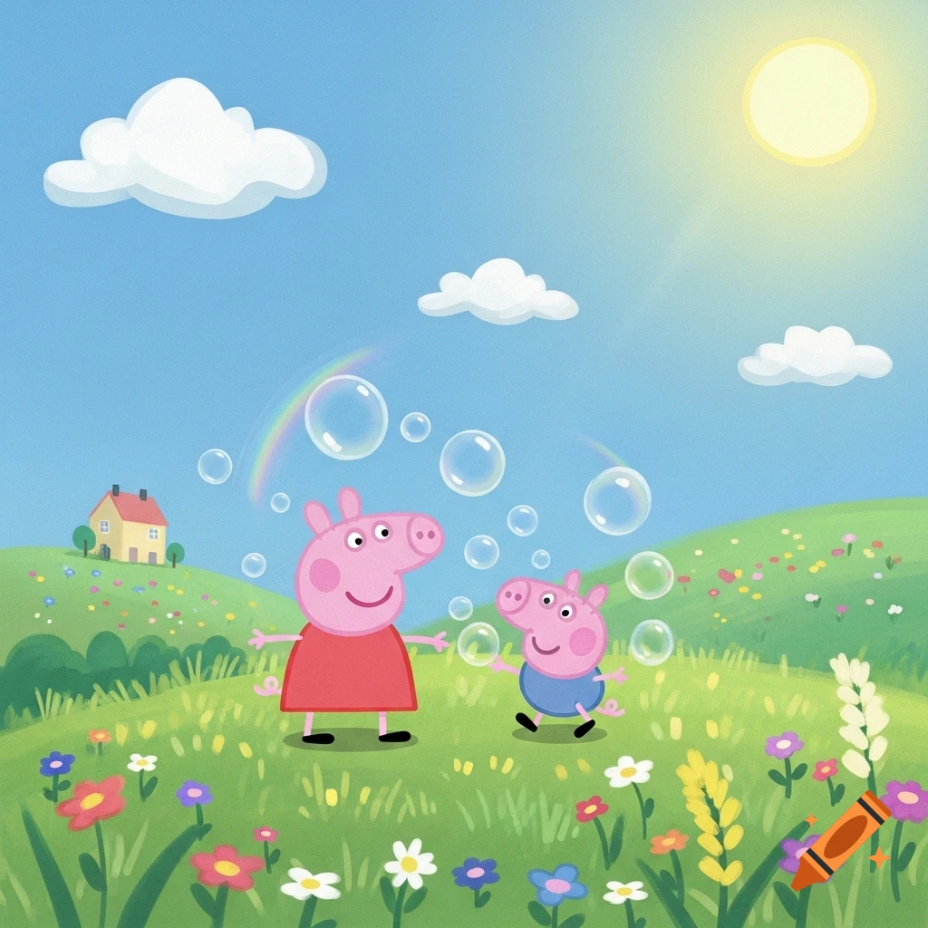 Peppa Pig and George Pig in a sunny, flower-filled meadow with bubbles, a rainbow, and a house.