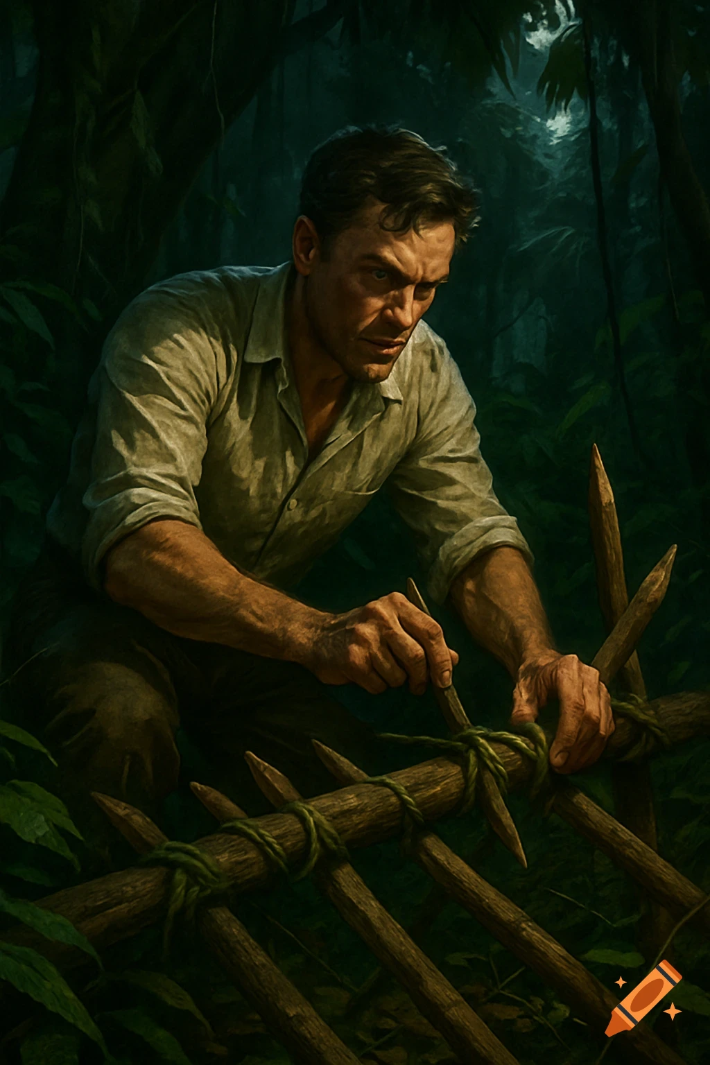 Determined man building a spiked wooden trap in a dark, lush jungle, painted art style.