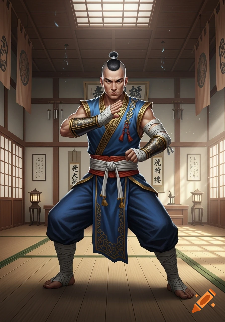 A male human monk in ornate blue martial arts clothing and wraps, in a fighting pose inside a dojo, D&D portrait style.