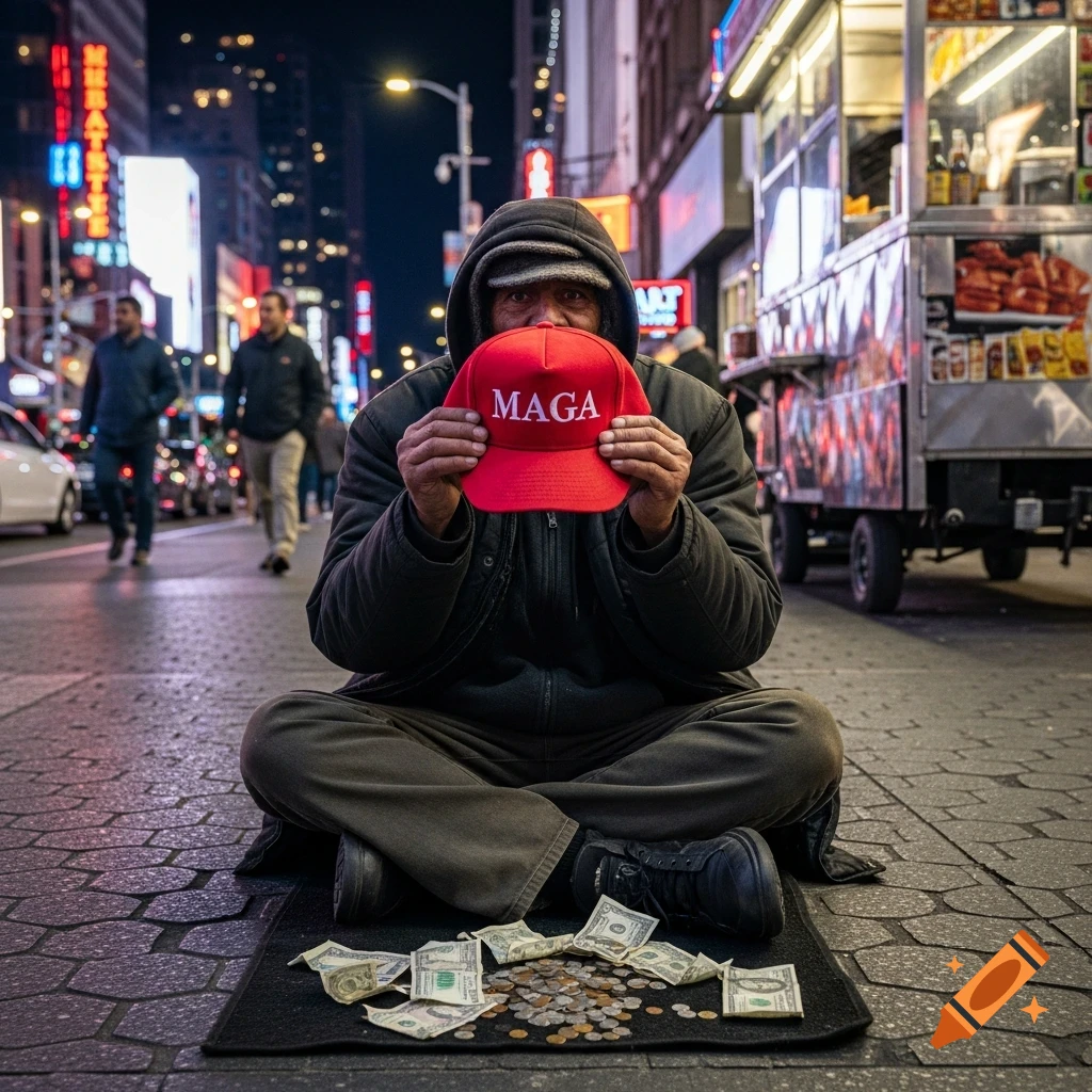 A person sits on a city street at night, holding a red "MAGA" hat to collect money, with city lights and a food cart in the background.