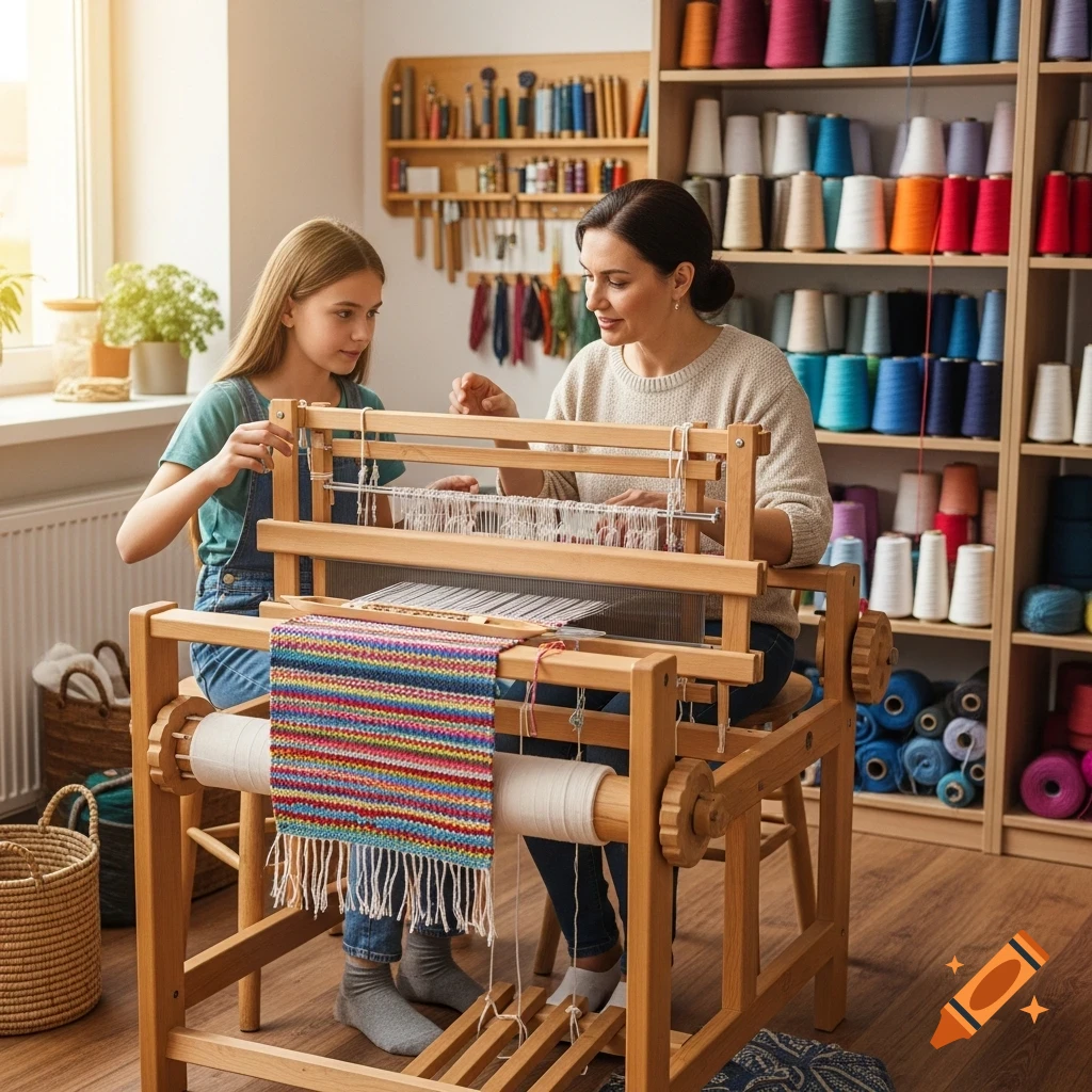 Photorealistic image of a woman teaching a girl how to weave on a loom in a bright craft room with shelves of colorful yarn.