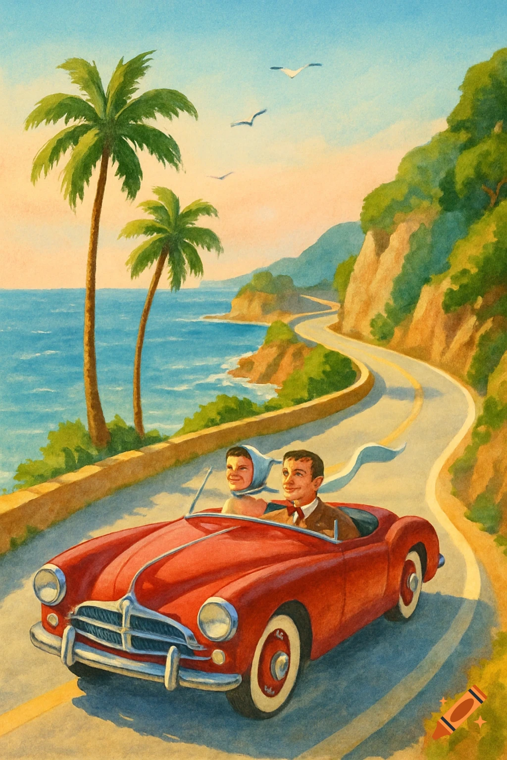 Watercolor illustration of a smiling couple in a red vintage convertible driving along a winding coastal road with palm trees and ocean.