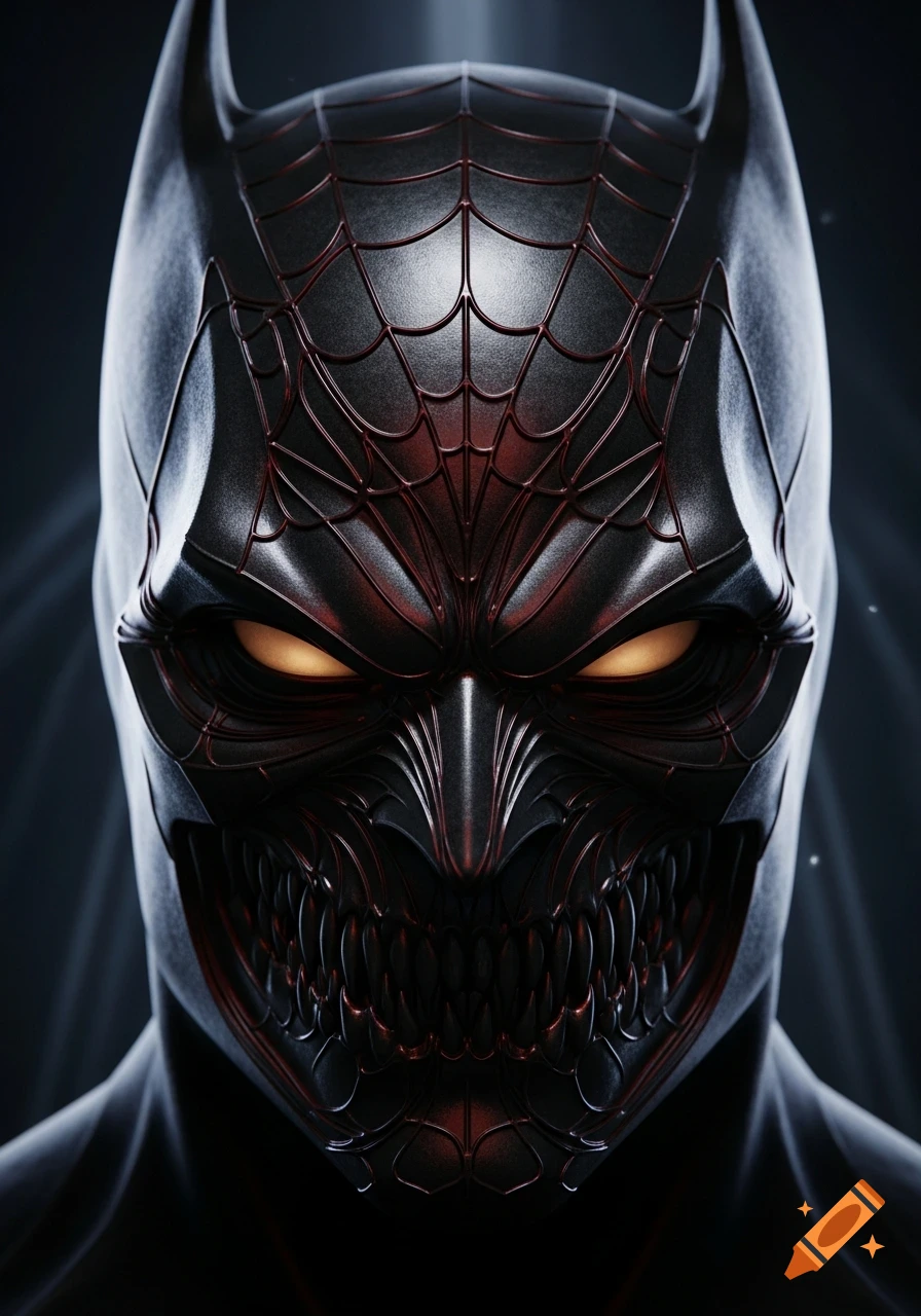 Close-up of a dark, menacing superhero villain mask with glowing yellow eyes, sharp teeth, and red web patterns.