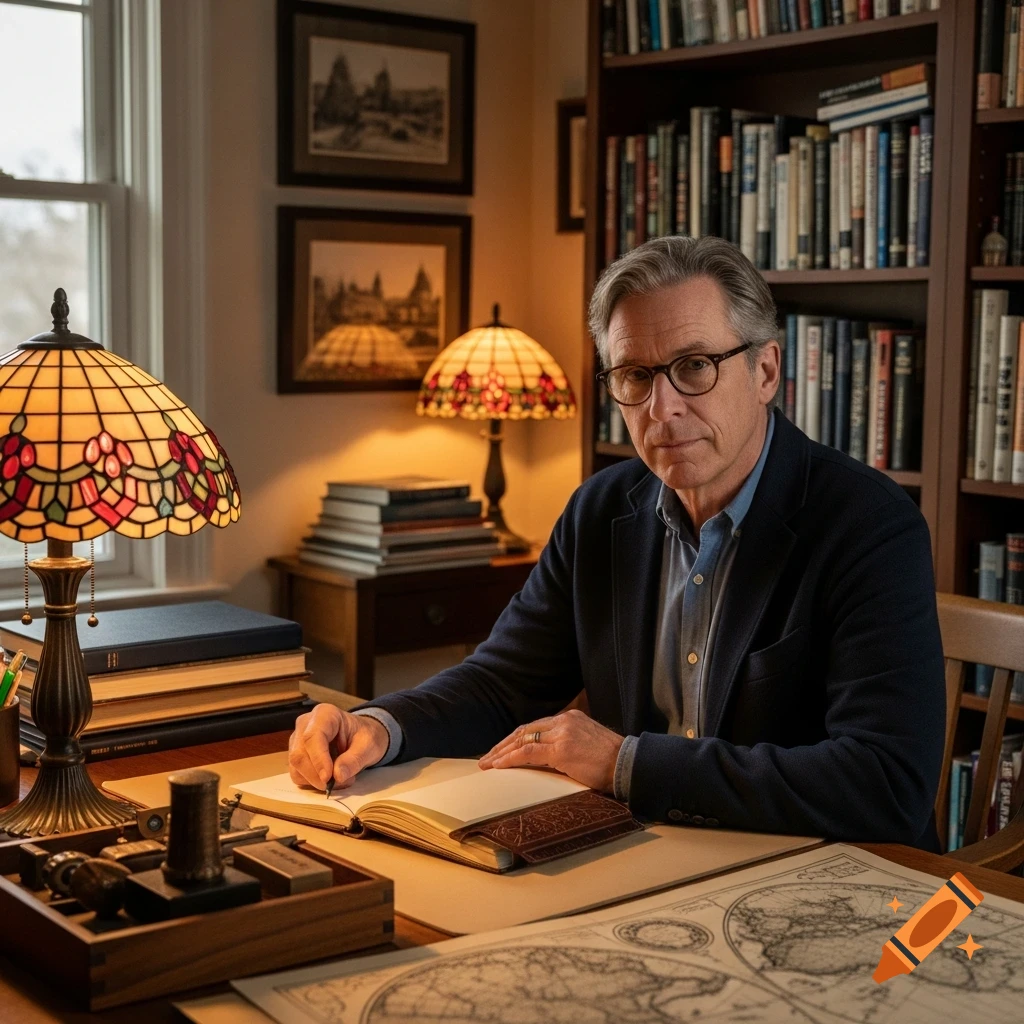 A gray-haired man in glasses writes at a wood desk in a warm, book-filled study with two Tiffany-style lamps.